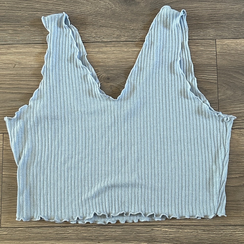 SHEIN Sky Blue Ribbed V-Neck Crop Top